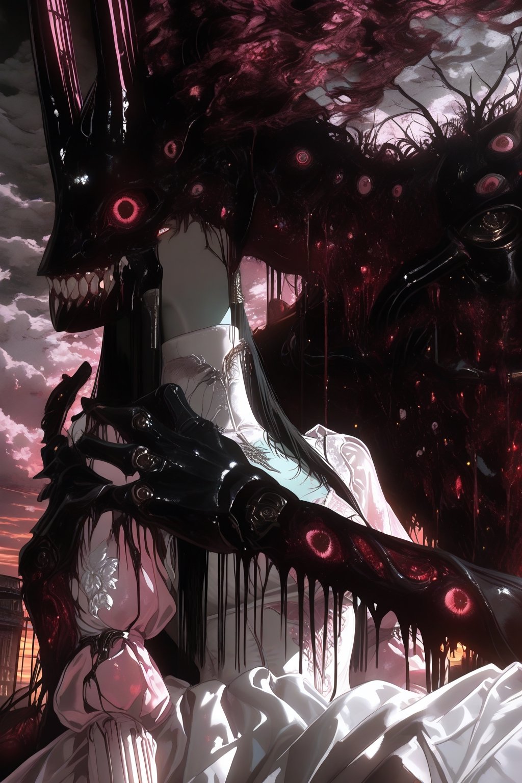 Create a haunting Japanese horror-style illustration featuring a young girl with straight black hair and bangs,  wearing a...