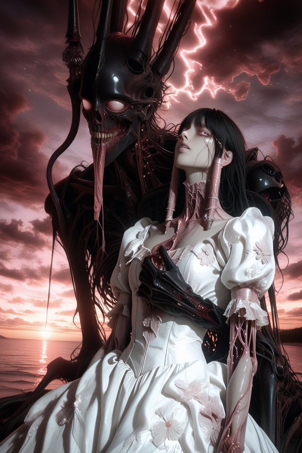 A haunting Japanese horror-style illustration featuring a young girl with straight black hair and bangs,  wearing a delica...