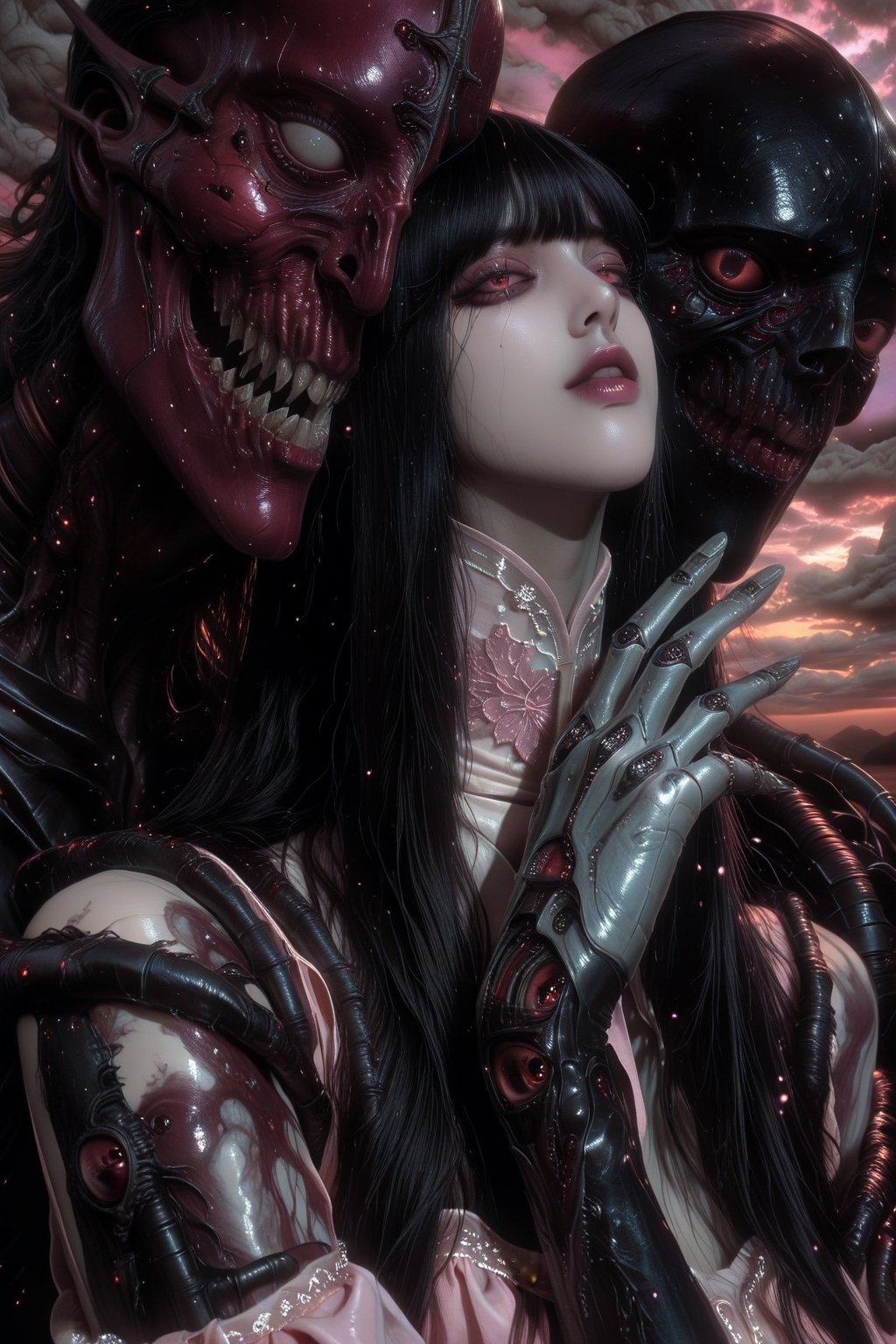 Create a haunting Japanese horror-style illustration featuring a young girl with straight black hair and bangs,  wearing a...