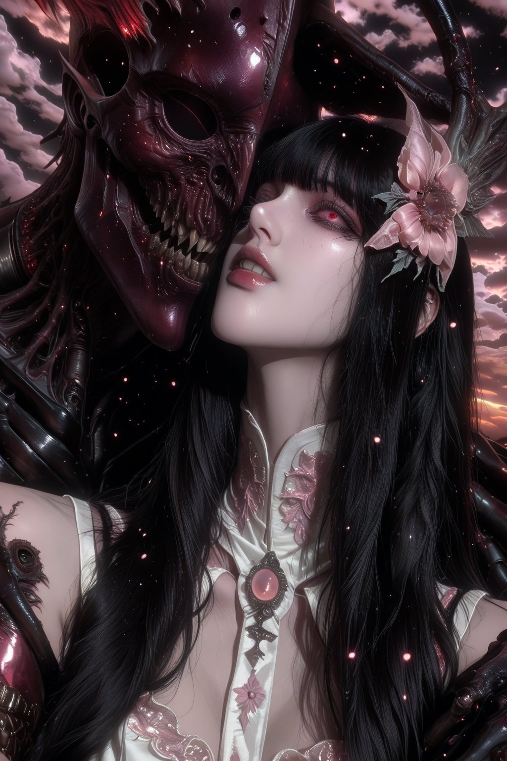 A haunting Japanese horror-style illustration featuring a young girl with straight black hair and bangs,  wearing a delica...