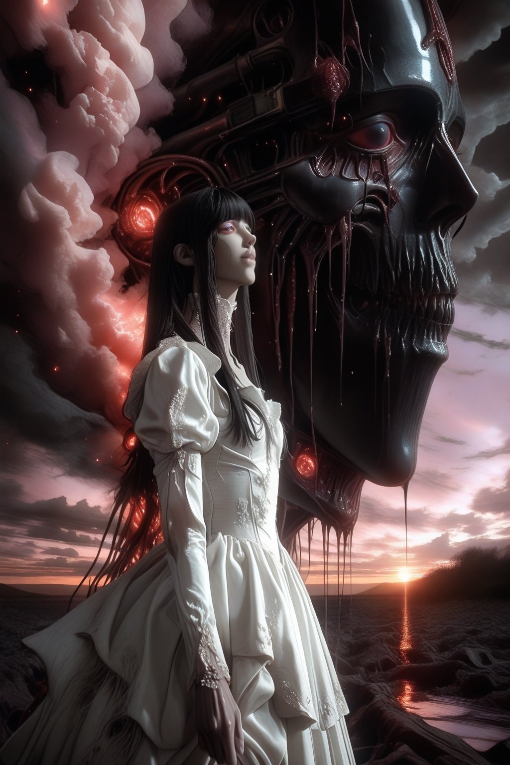 A haunting Japanese horror-style illustration featuring a young girl with straight black hair and bangs,  wearing a delica...