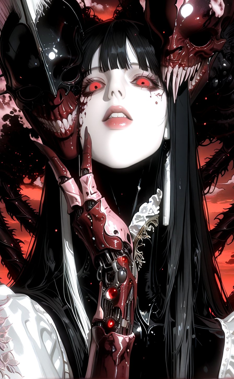 A haunting Japanese horror-style illustration featuring a young girl with straight black hair and bangs,  wearing a delica...