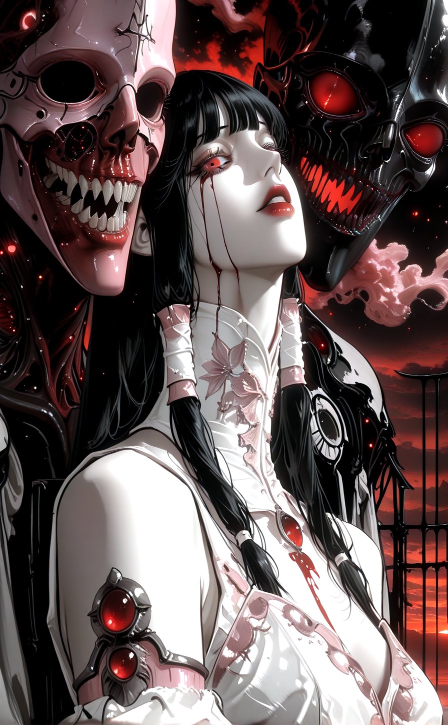 A haunting Japanese horror-style illustration featuring a young girl with straight black hair and bangs,  wearing a delica...