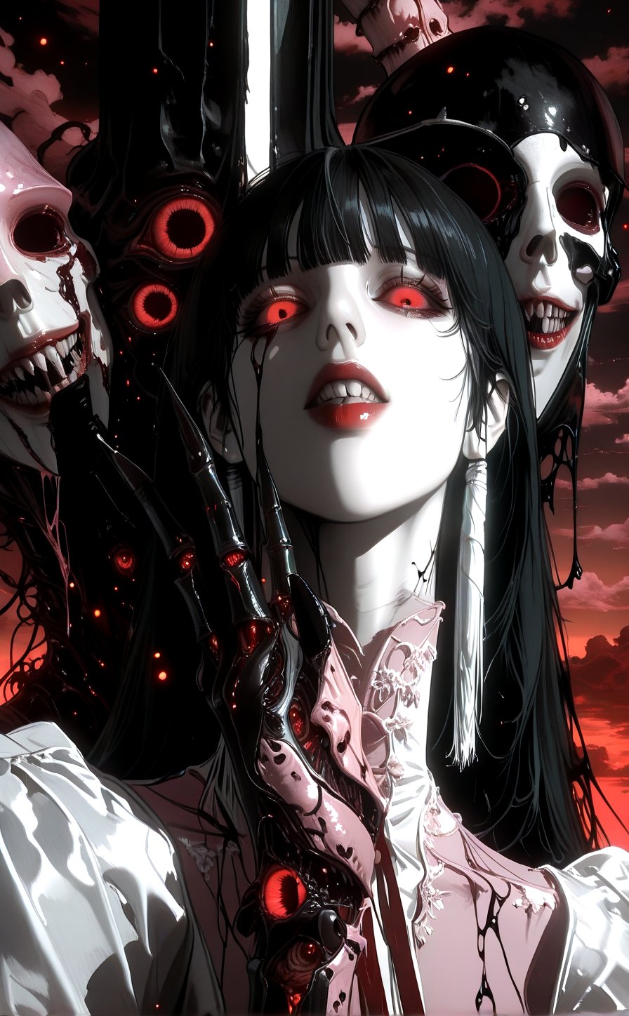 A haunting Japanese horror-style illustration featuring a young girl with straight black hair and bangs,  wearing a delica...