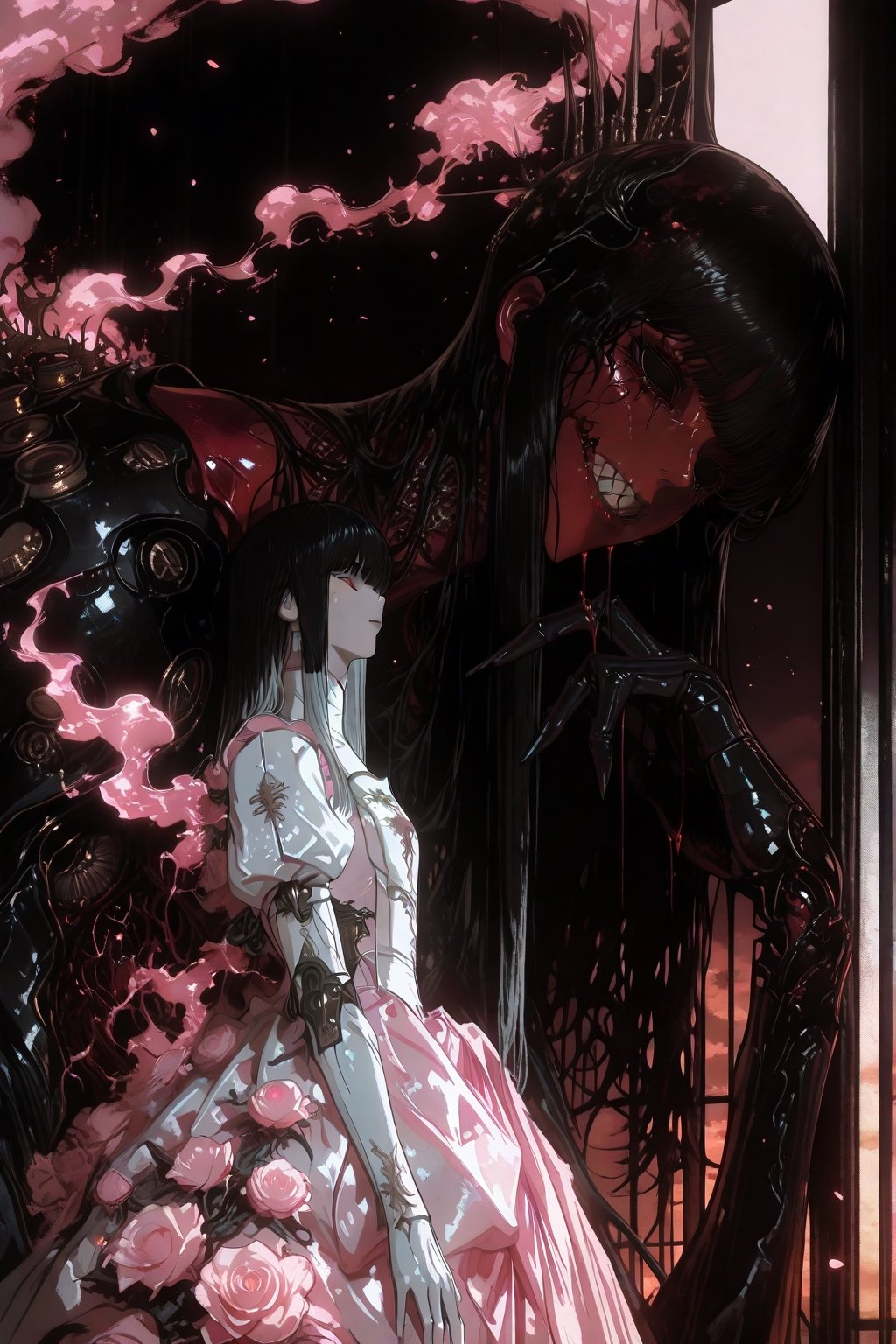 A haunting Japanese horror-style illustration featuring a young girl with straight black hair and bangs,  wearing a delica...