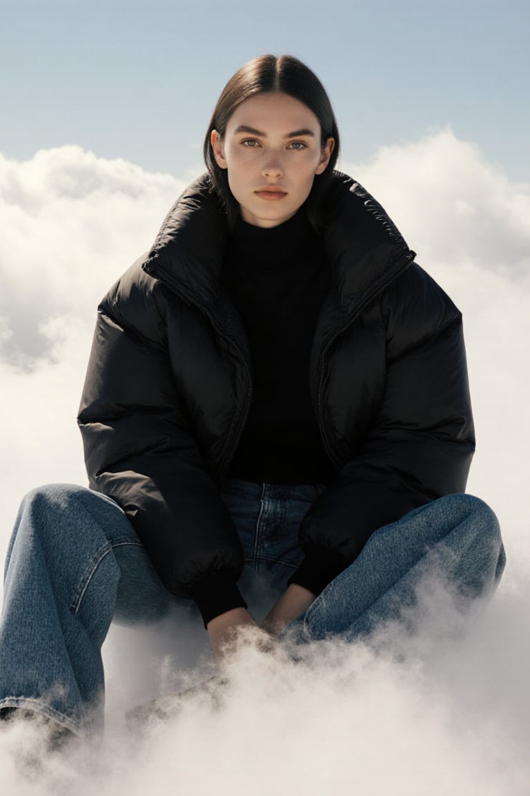 Editorial vogue shot,  a woman wearing a black oversized puffer jacket,  and black sleeves top inside by Finetune on Tenso...