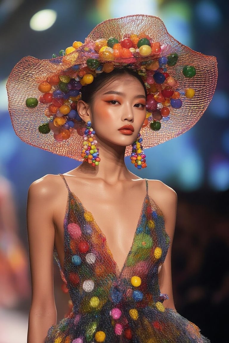 colorful dress,  The woman wears a mesh hat decorated with colorful beads,  a mesh dress dotted with colorful beads by Siu...