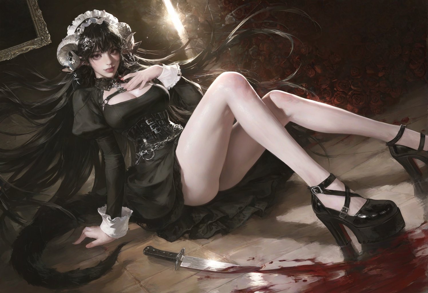 a young woman with extremely long,  wavy black hair and striking red eyes sits on the ground,  leaning back slightly with...