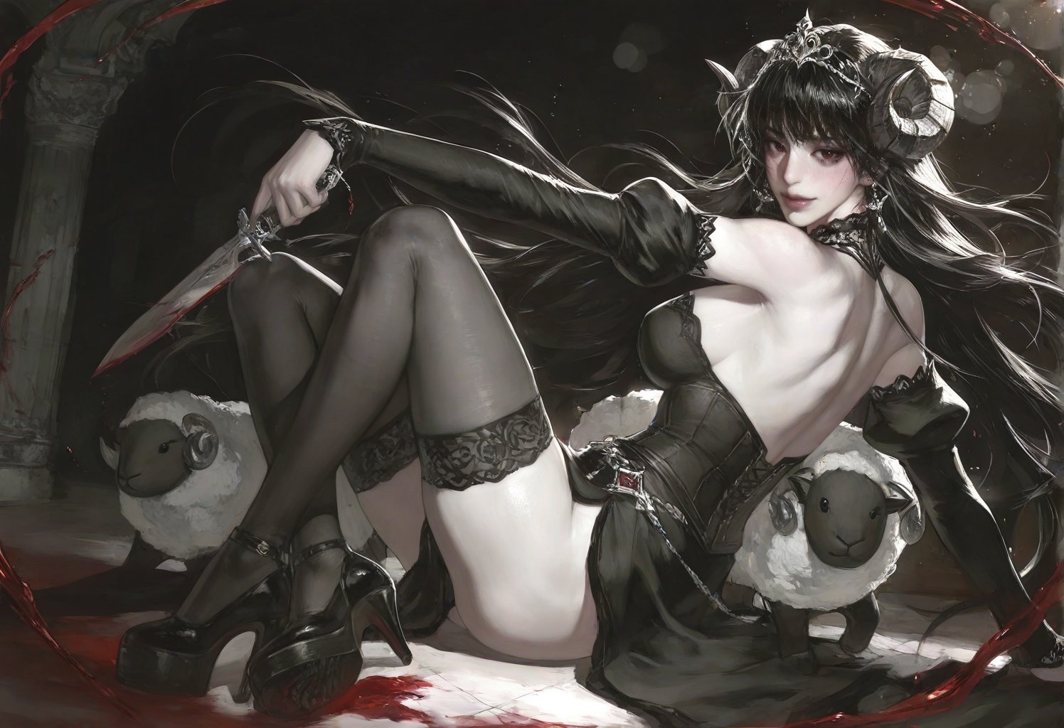 a young woman with extremely long,  wavy black hair and striking red eyes sits on the ground,  leaning back slightly with...