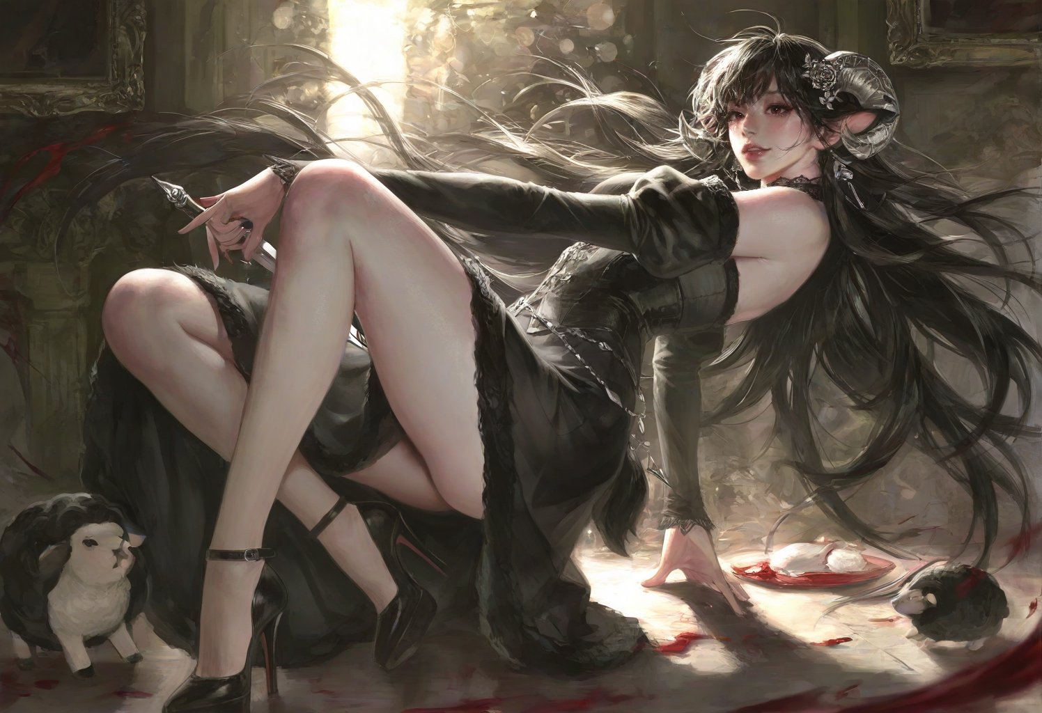 a young woman with extremely long,  wavy black hair and striking red eyes sits on the ground,  leaning back slightly with...