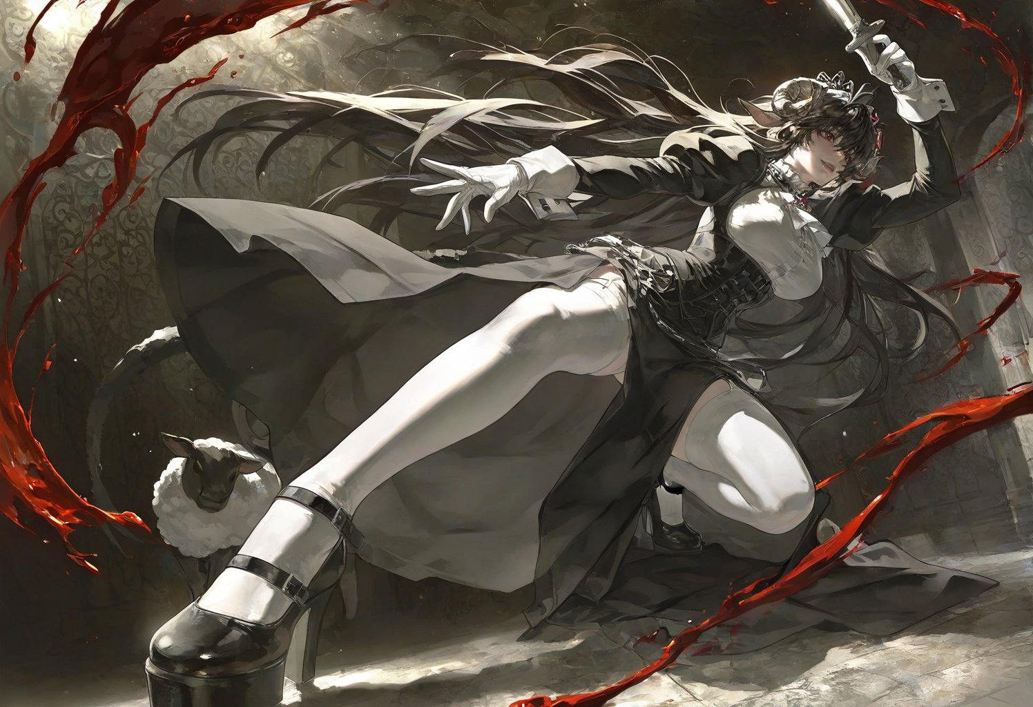 a young woman with extremely long,  wavy black hair and striking red eyes sits on the ground,  leaning back slightly with...