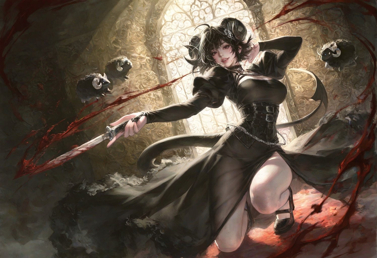 a young woman with extremely long,  wavy black hair and striking red eyes sits on the ground,  leaning back slightly with...