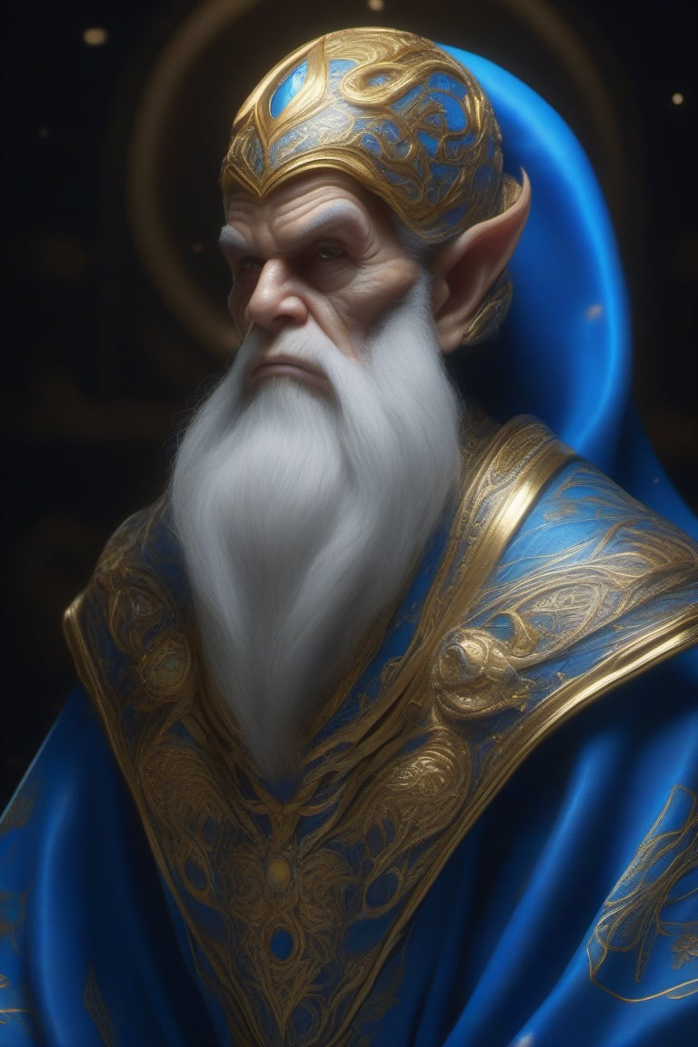 embryo alien with a long white beard,  wearing a blue robe with golden embroidery,  intricate details by Milleniun7 on Ten...