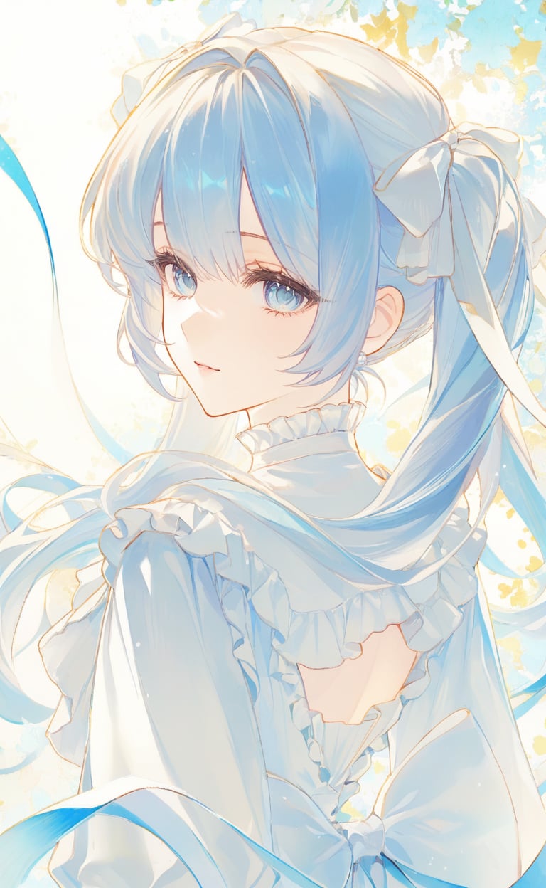 anime-style female character,  elegant dress in white and light blue colors,  large ribbon bow at the back with flowing ri...