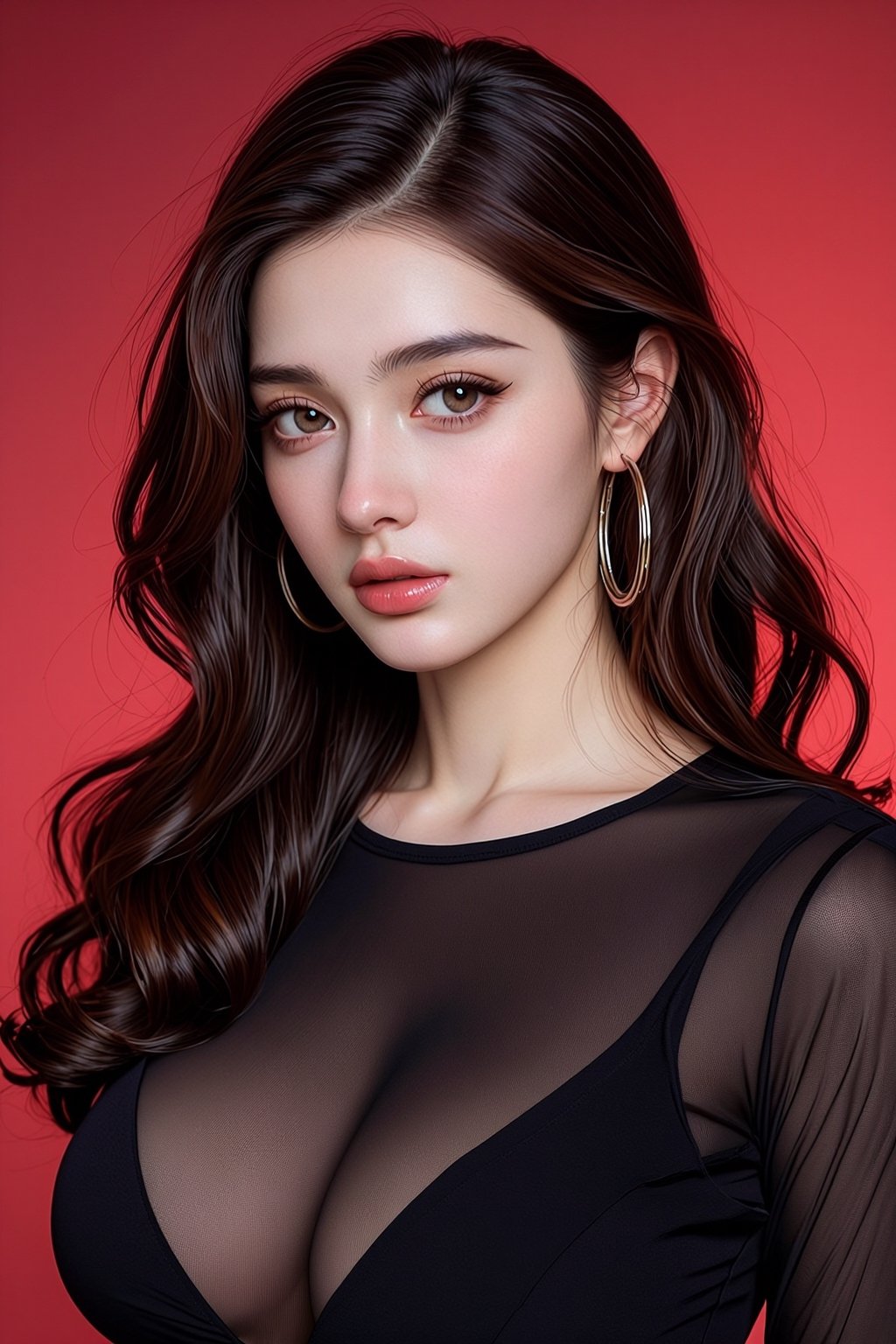 The image features a young woman with long,  wavy brown hair. She is wearing large,  circular hoop earrings and a black by...