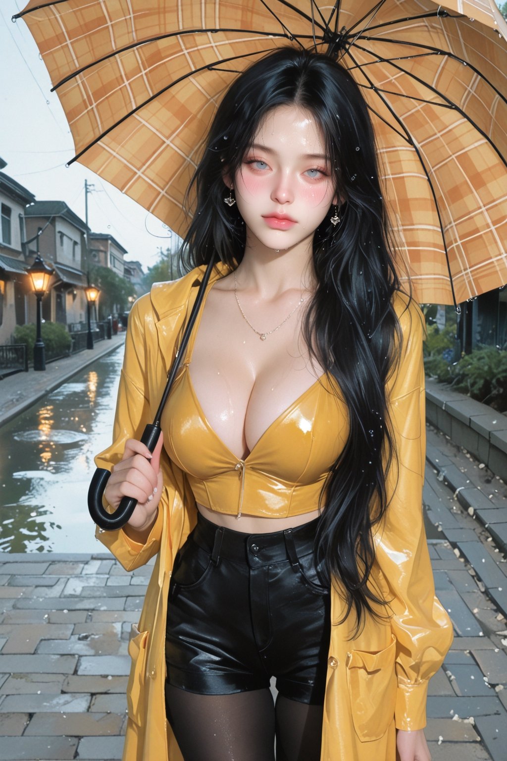 (mustard-yellow raincoat,  short pants,  black tights by Silvermist on Tensor.Art