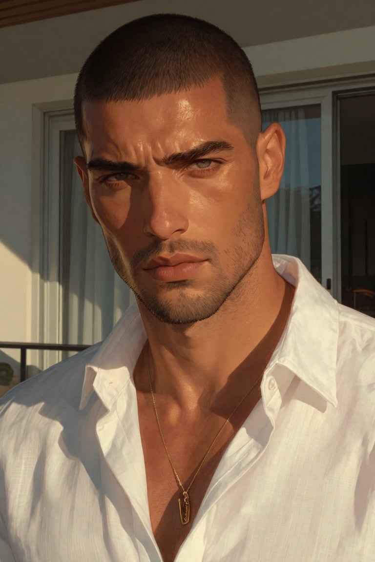 Close-up portrait of a confident man with a short buzz cut and well-groomed stubble,  warm sun-kissed skin,  strong jawlin...