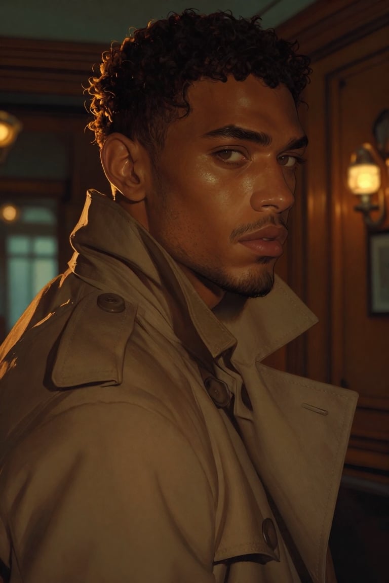Photorealistic,  intimate portrait of a young Black man in a three-quarter profile,  medium close-up framing from chest to...
