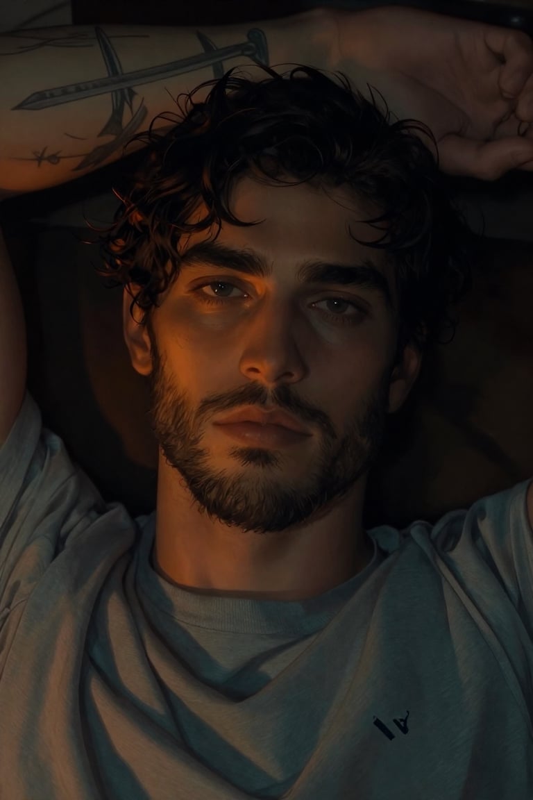 Close-up portrait of a young bearded man lying down,  arm bent above his head revealing forearm tattoos of crossed swords...