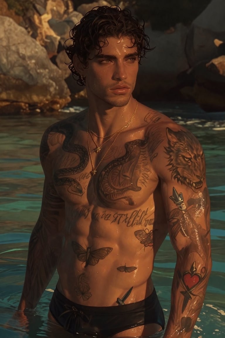 Photo-realistic waist-up portrait of a fit,  tanned young man standing in shallow clear turquoise water in a rocky coastal...