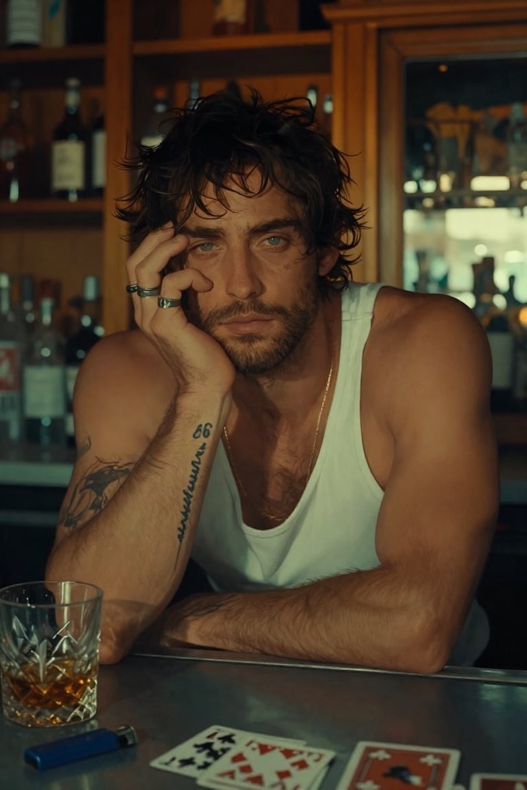 Intimate bar portrait of a rugged man leaning on a metal counter,  shot eye-level and centered in portrait orientation,  s...