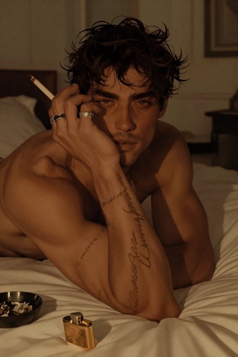 Intimate cinematic portrait of a shirtless masculine man lying on a bed,  head propped on crossed arms,  direct brooding e...