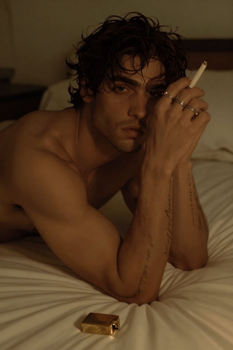 Intimate cinematic portrait of a shirtless masculine man lying on a bed,  head propped on crossed arms,  direct brooding e...