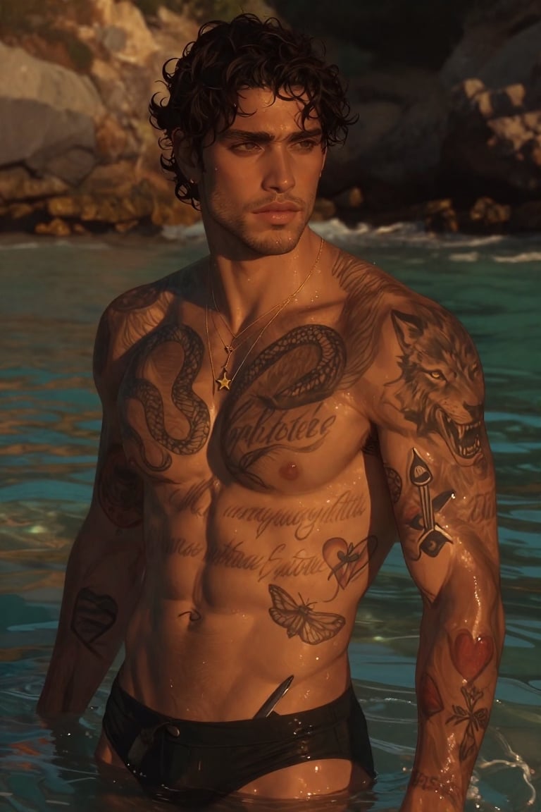 Photo-realistic waist-up portrait of a fit,  tanned young man standing in shallow clear turquoise water in a rocky coastal...