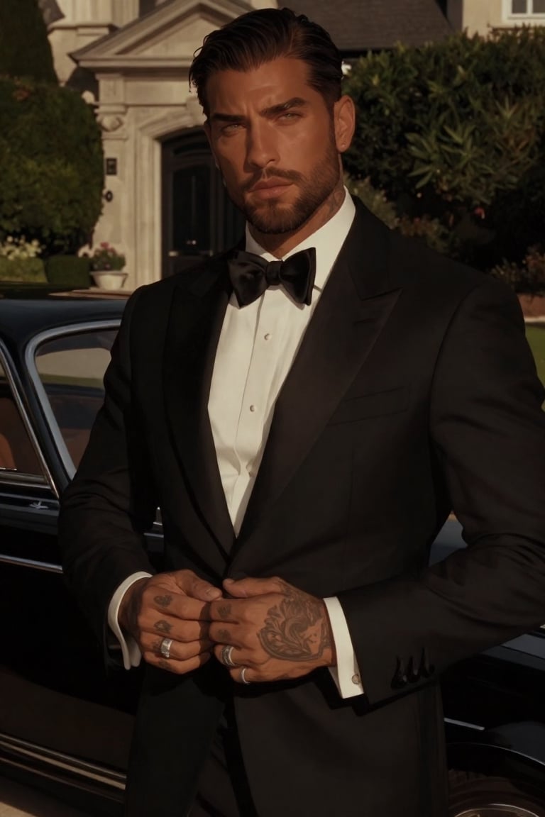 A cinematic portrait of a confident,  well-groomed man in a slim-fitting black tuxedo with satin shawl lapels,  crisp whit...