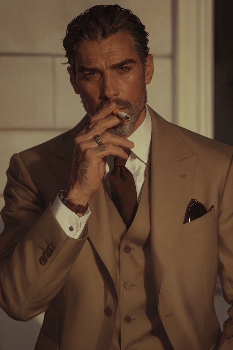 Waist-up portrait of a rugged,  well-dressed man in a tailored tan three-piece suit and brown tie,  white shirt visible at...