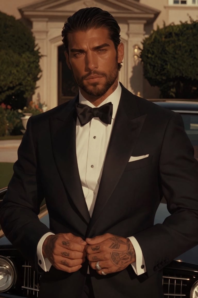 A cinematic portrait of a confident,  well-groomed man in a slim-fitting black tuxedo with satin shawl lapels,  crisp whit...