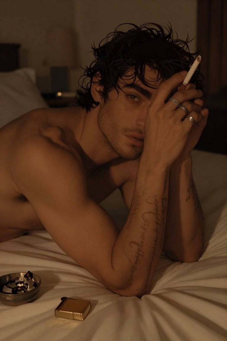 Intimate cinematic portrait of a shirtless man lying on a bed,  head propped on crossed arms,  direct brooding eye contact...