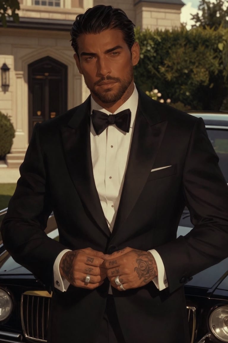 A cinematic portrait of a confident,  well-groomed man in a slim-fitting black tuxedo with satin shawl lapels,  crisp whit...