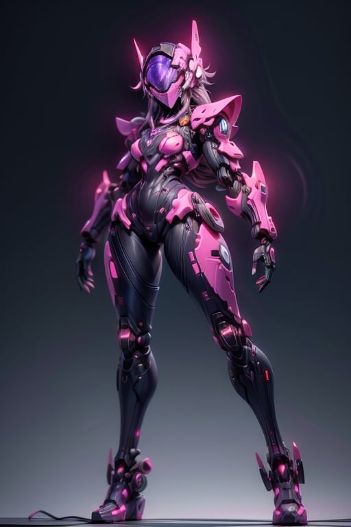 A full-body,  highly detailed shot of a futuristic female android. She wears a sleek,  form-fitting black and white cybern...