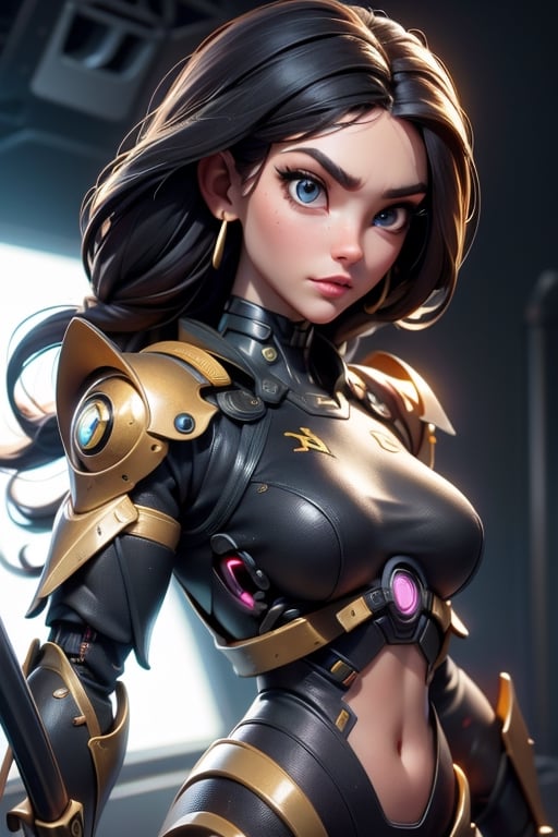 A close-up photograph of a futuristic female cyborg in black and gold armor,  holding a sword in a studio setting. by KIMI...