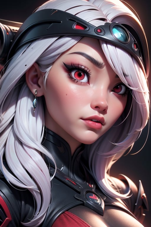 Close-up a ultrarealistic photo of a mysterious asian lady with long white hair and red eyes in a red gothic dress,  Tim B...