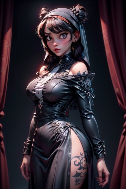 photorealistic gothic cinematic detailed decadence macro caption a gangster nun woman,  black victorian braids buns hair s...