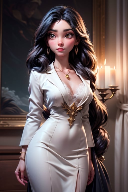 Before a cascade of white drapery,  a woman stands like the embodiment of refined seduction and poised modernity. Her face...