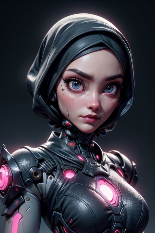 A close-up shot of a pretty Malay woman's face,  wearing a hijab and loose abaya,  transformed into a zombie cyborg. Her f...