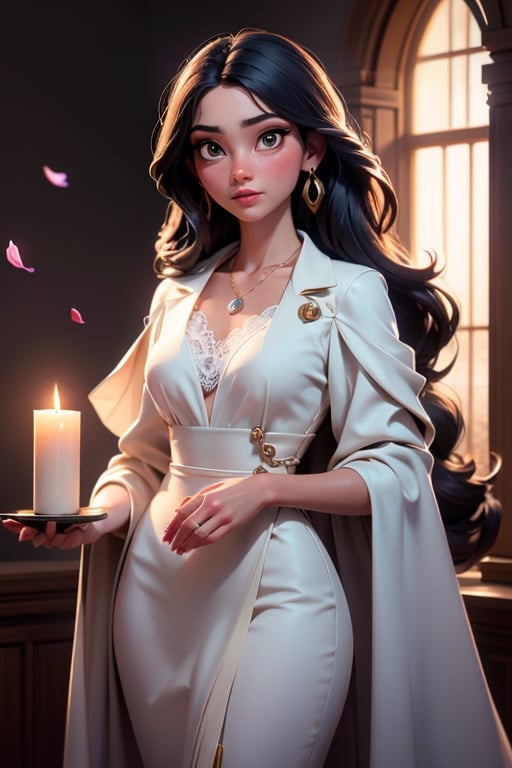 Before a cascade of white drapery,  a woman stands like the embodiment of refined seduction and poised modernity. Her face...