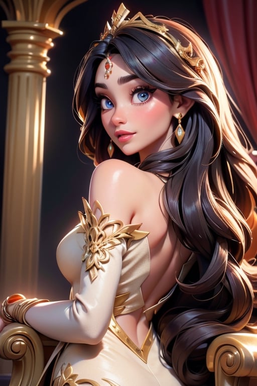 A stunning regal woman sits gracefully in an opulent golden setting,  embodying elegance and royalty. She wears an elabora...