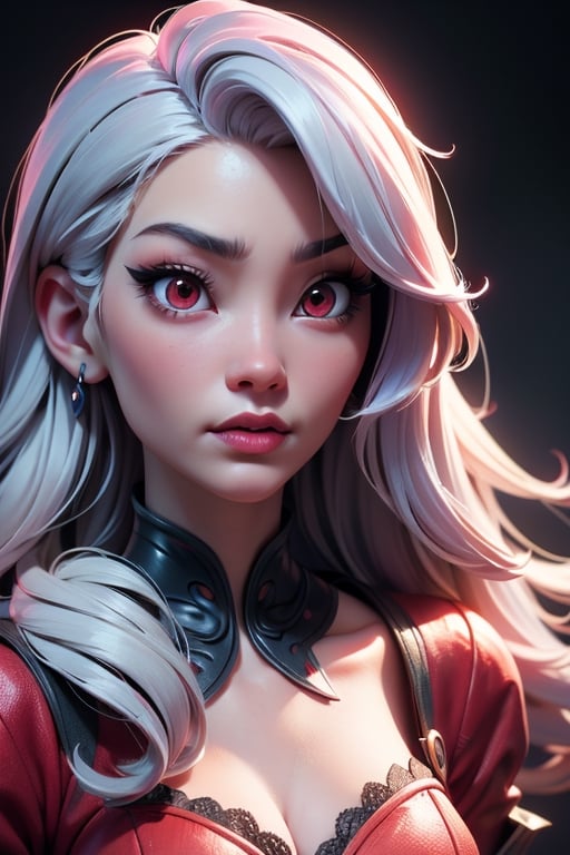 Close-up a ultrarealistic photo of a mysterious asian lady with long white hair and red eyes in a red gothic dress,  Tim B...
