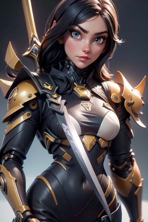 A close-up photograph of a futuristic female cyborg in black and gold armor,  holding a sword in a studio setting. by KIMI...