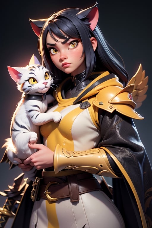 This image features a highly detailed,  stylized depiction of a feline warrior. The character is a white cat with striking...