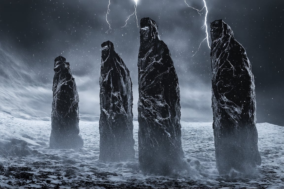 Create an ominous blizzard scene where towering figures,  reminiscent of the stark,  industrial silhouettes in the works o...