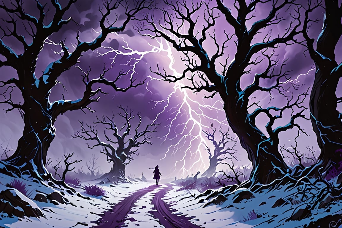 Create an ominous blizzard scene in the style of Ron English,  where swirling snowflakes and dark,  menacing clouds domina...