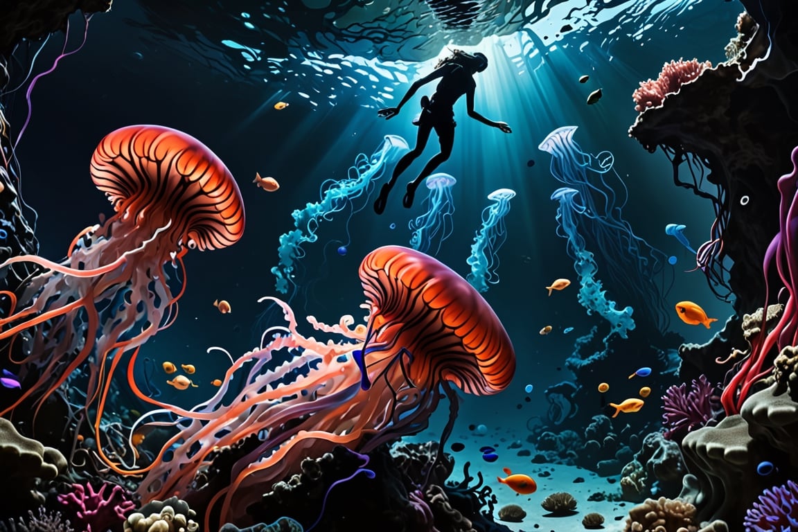 Create an image in the style of artist Stan Solomon where chaos and confusion prevail over the normally calm deep ocean fl...