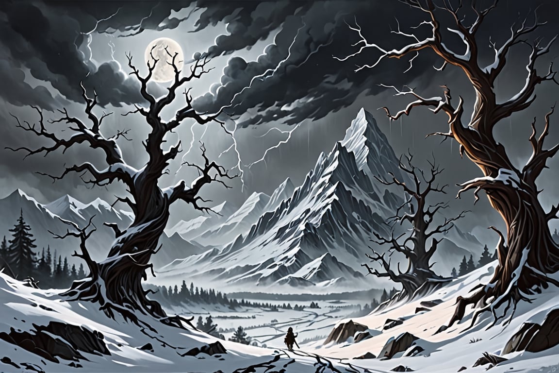 Create an ominous blizzard scene in the style of Ron English,  where towering snow-capped mountains loom in the distance,...