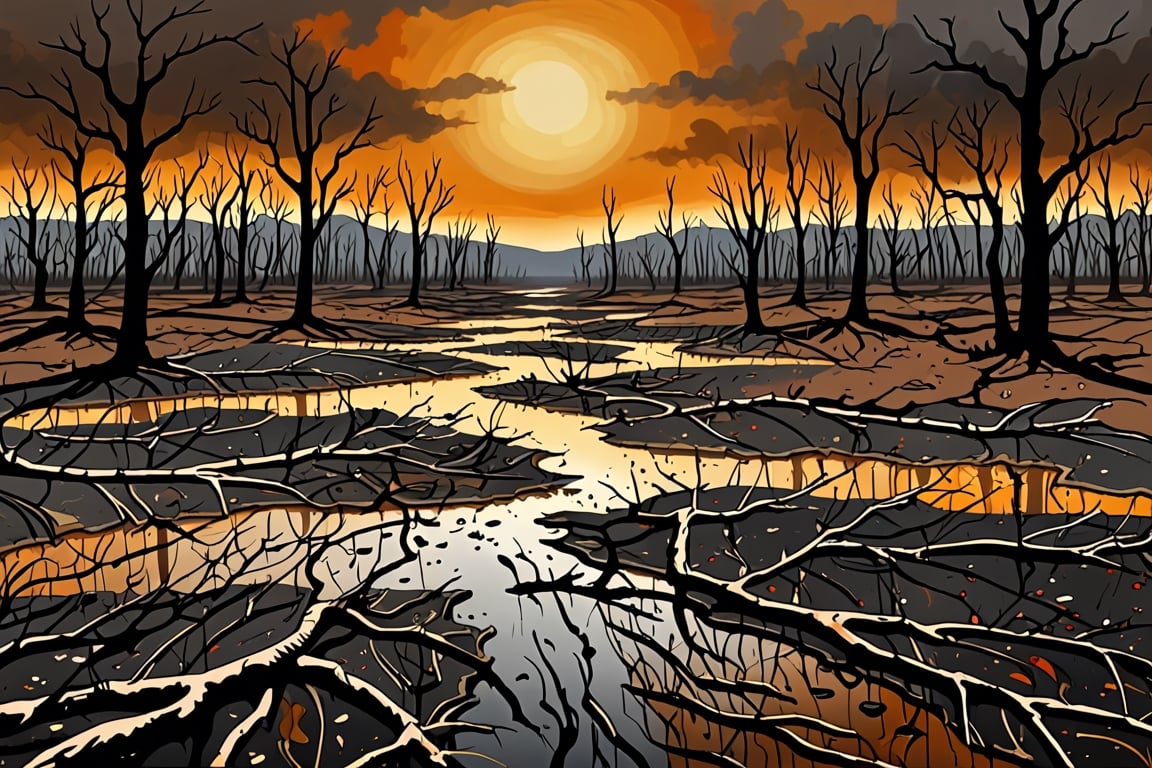 Create a dark and depressing scorched earth landscape image in the style of Jackson Pollock,  where the ground is charred,...