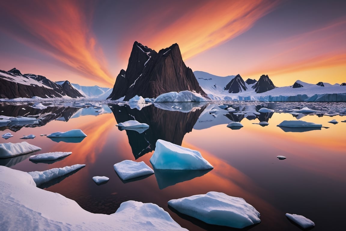 Create a breathtaking landscape photo of a bay in Greenland during sunrise over the sea. Capture the golden hues of the mo...